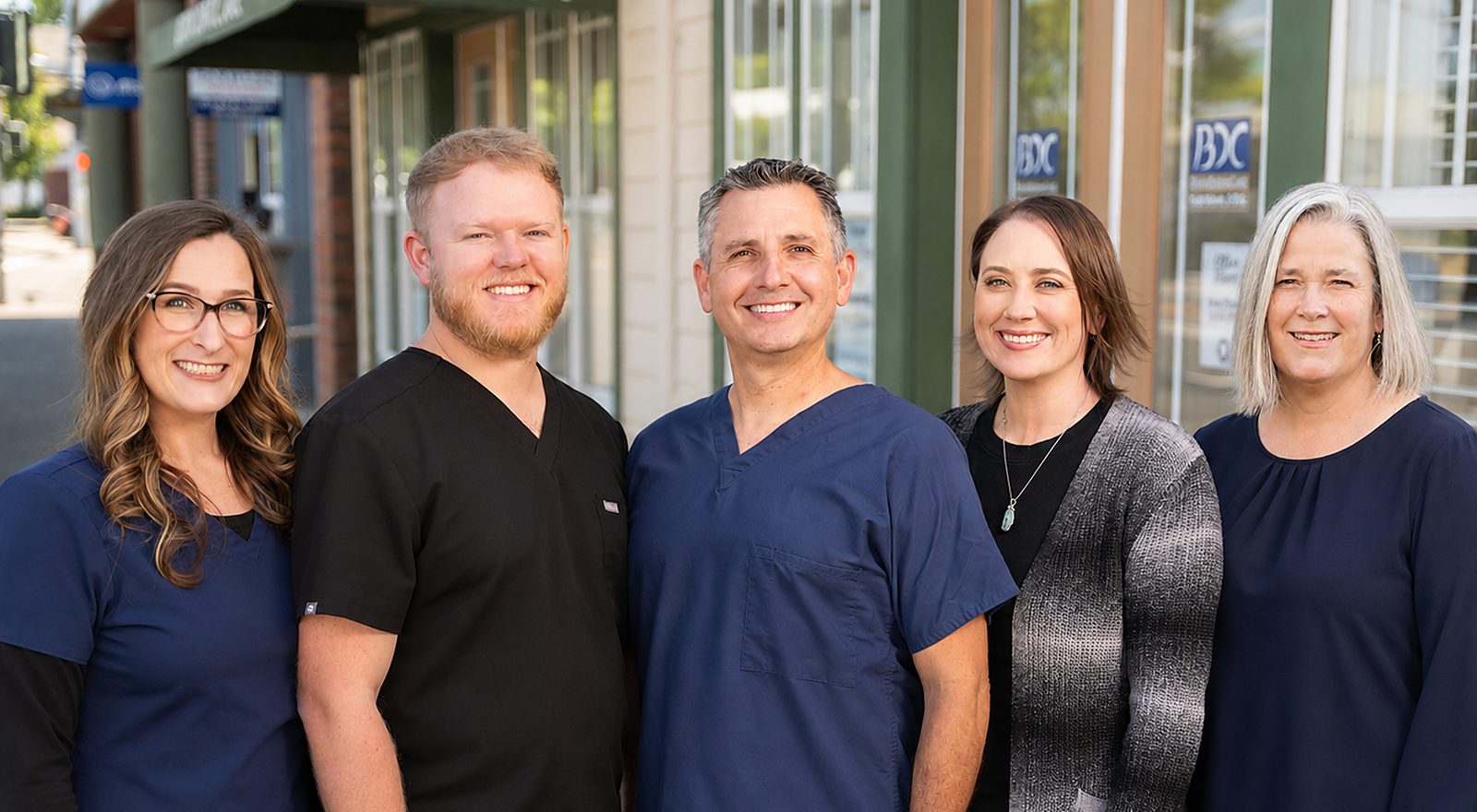 Dr. Scott Bonin and the Bonin Dental Care team outside the practice in Old Downtown Windsor, CA